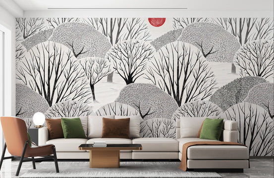 Artistic Black & White Trees Wall Mural in modern living room with cream sofa.
