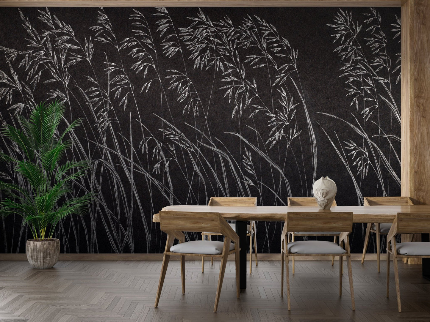 Modern dining room with black and white leaves pattern wall mural.