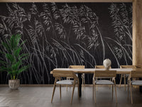Modern dining room with black and white leaves pattern wall mural.
