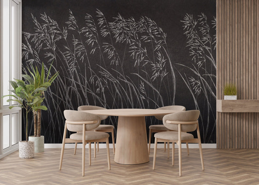 Dining area with Artistic Dark Leaves Wall mural and wooden furniture.