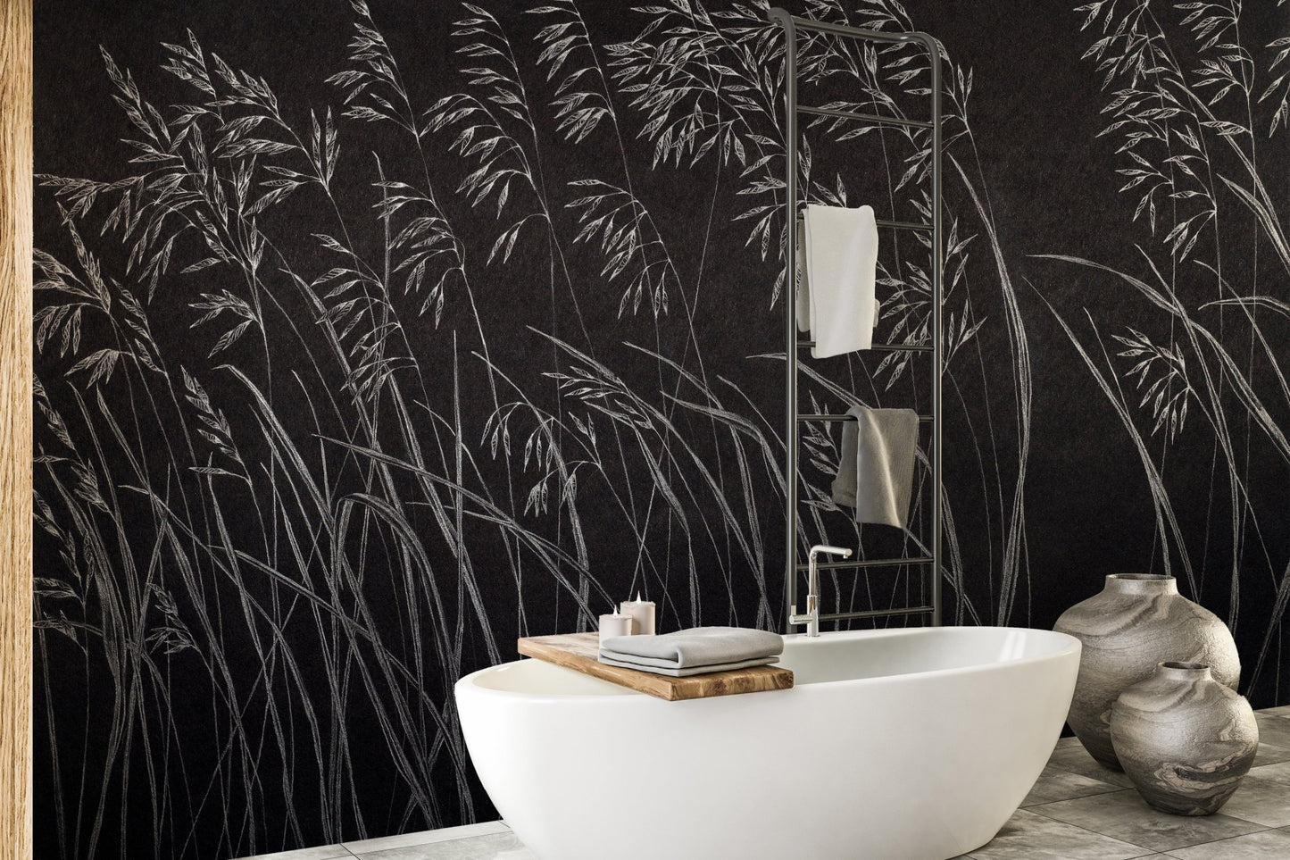 Modern washbasin area with black botanical leaves wall mural.