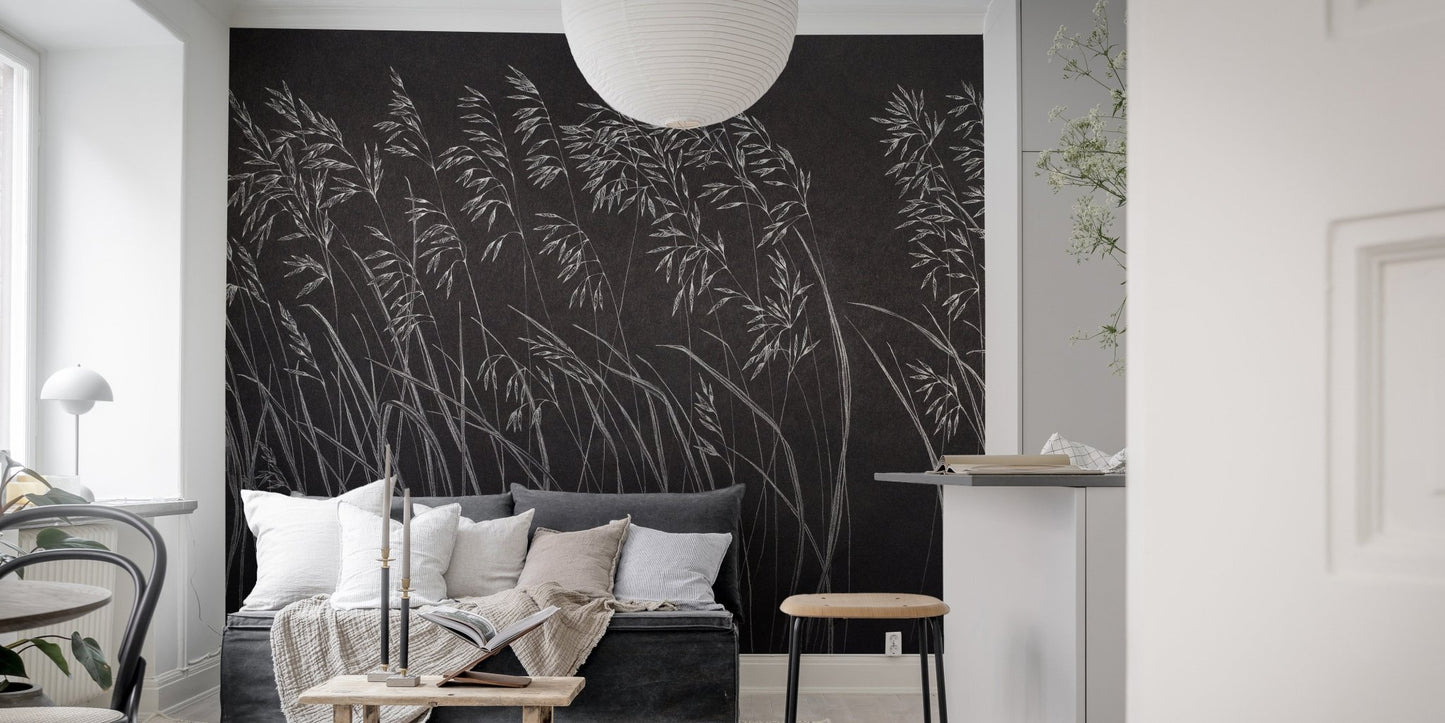Living room with monochrome botanical leaves wall mural.