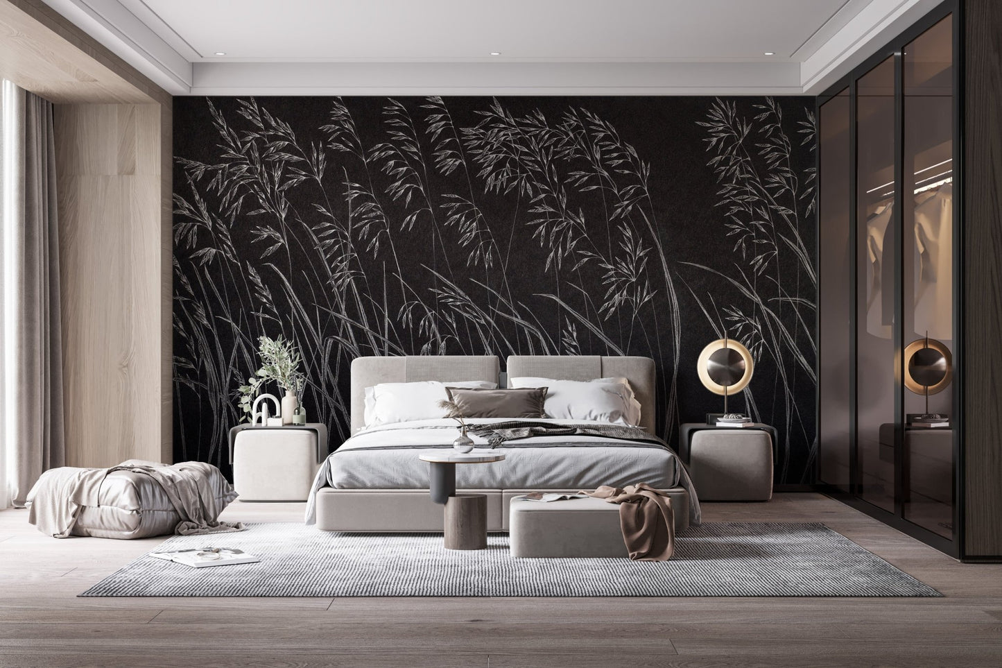Master bedroom with charcoal leaves wall mural and neutral bedding.