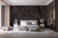 Master bedroom with charcoal leaves wall mural and neutral bedding.