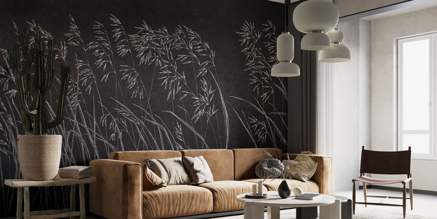 Tan leather sofa set against a charcoal Artistic Dark Leaves Wall mural.