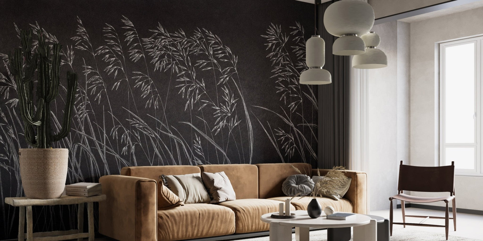 Tan leather sofa set against a charcoal Artistic Dark Leaves Wall mural.