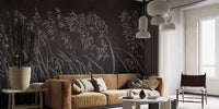 Tan leather sofa set against a charcoal Artistic Dark Leaves Wall mural.