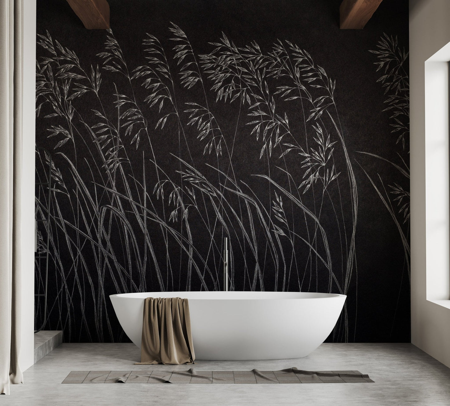 Bathroom featuring a soaking tub and dark leaf pattern wall mural.