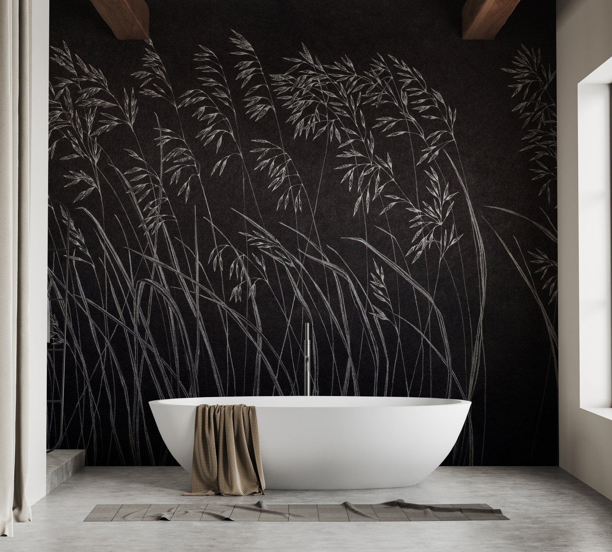 Bathroom featuring a soaking tub and dark leaf pattern wall mural.