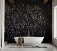 Bathroom featuring a soaking tub and dark leaf pattern wall mural.