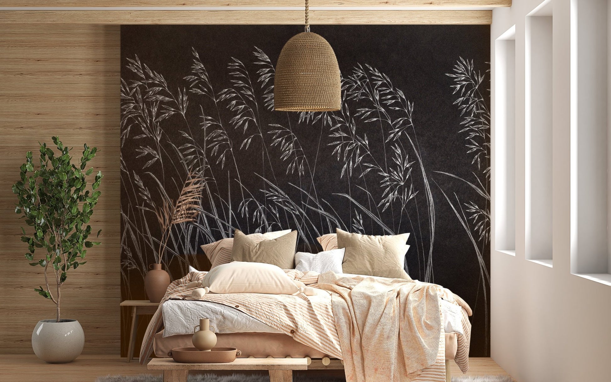 Boho bedroom featuring Artistic Dark Leaves Wall mural and wicker lamp.