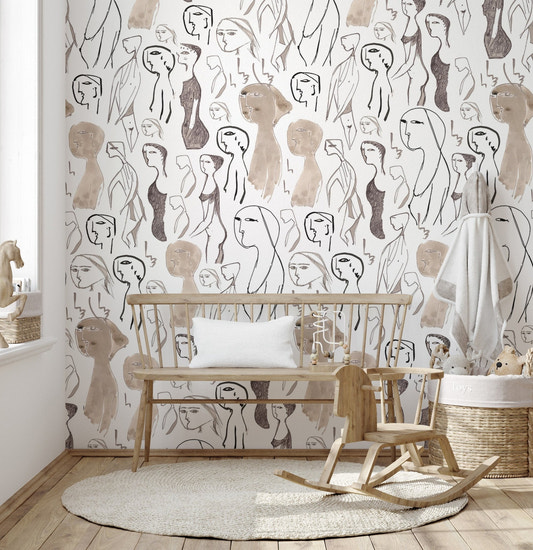 Line art faces wallpaper in a minimalist black and white style.