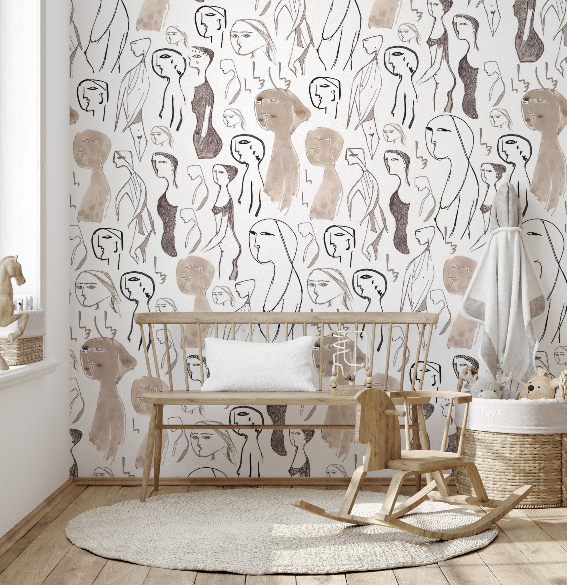 Line art faces wallpaper in a minimalist black and white style.
