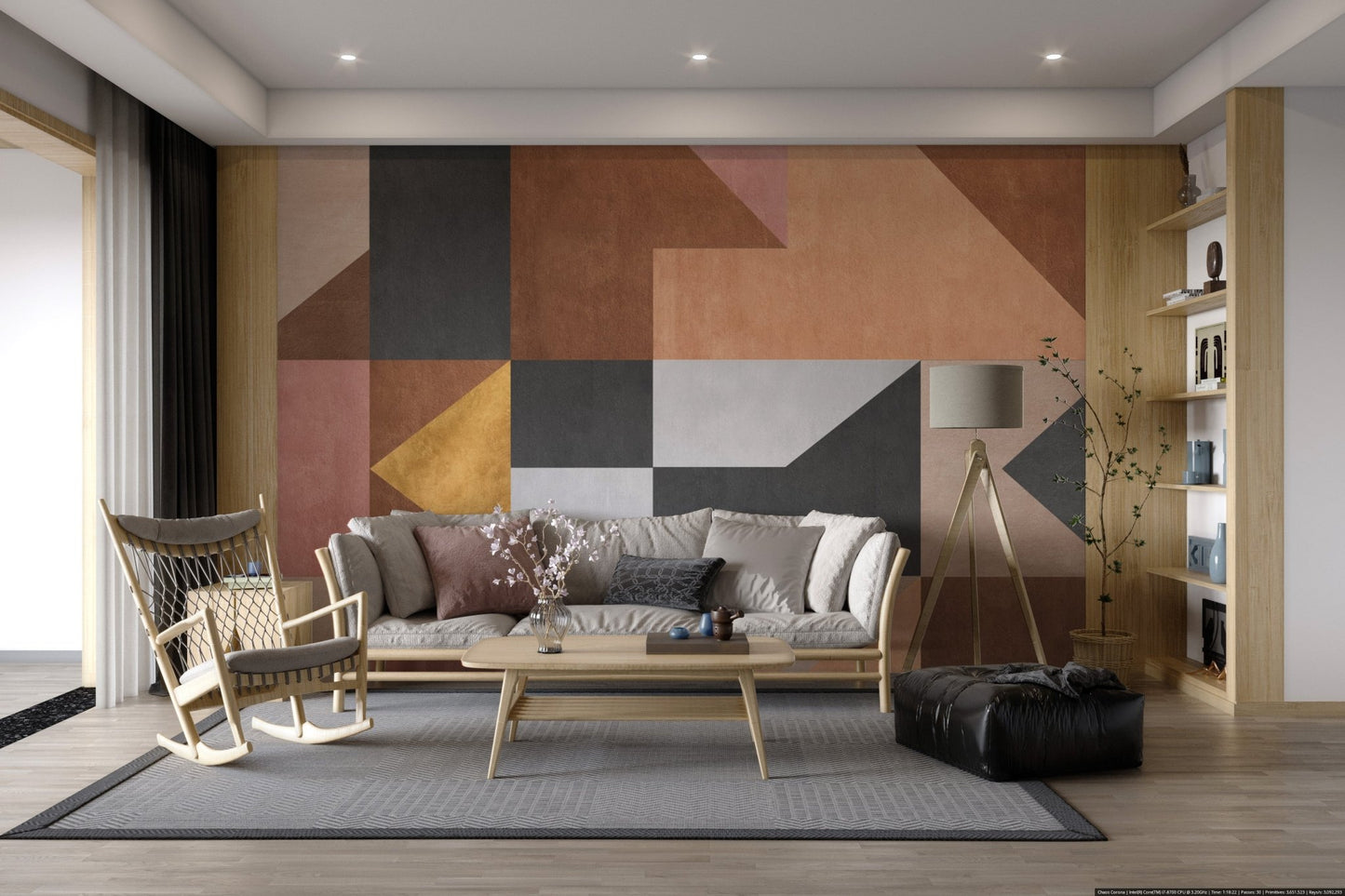 Artistic wall mural showcasing creative geometric designs for living room backdrop.