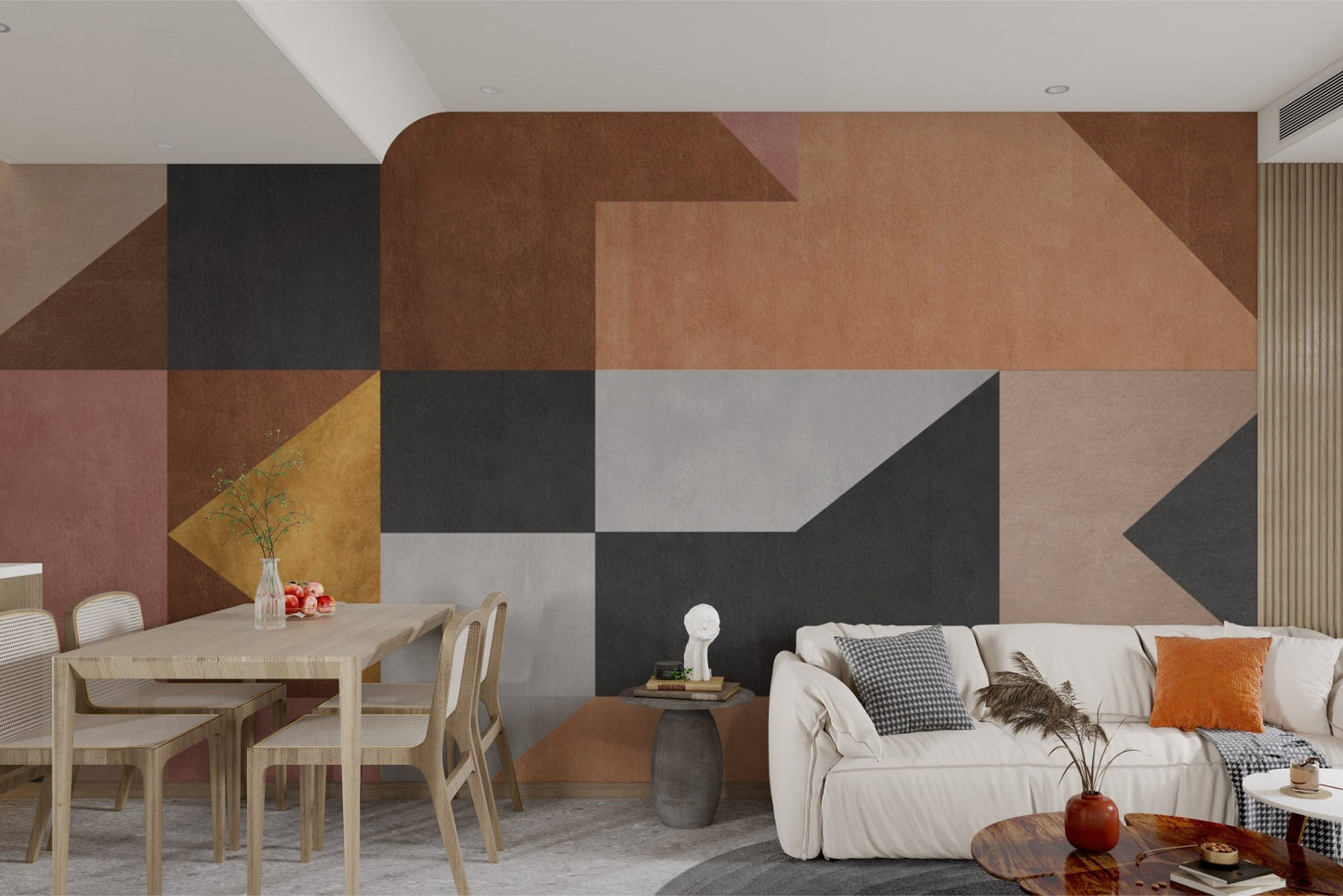 Contemporary artistic geometric mural design for dining area walls.