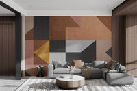 Artistic wall mural featuring bold geometric patterns for living room.