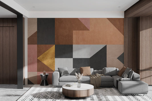 Artistic wall mural featuring bold geometric patterns for living room.