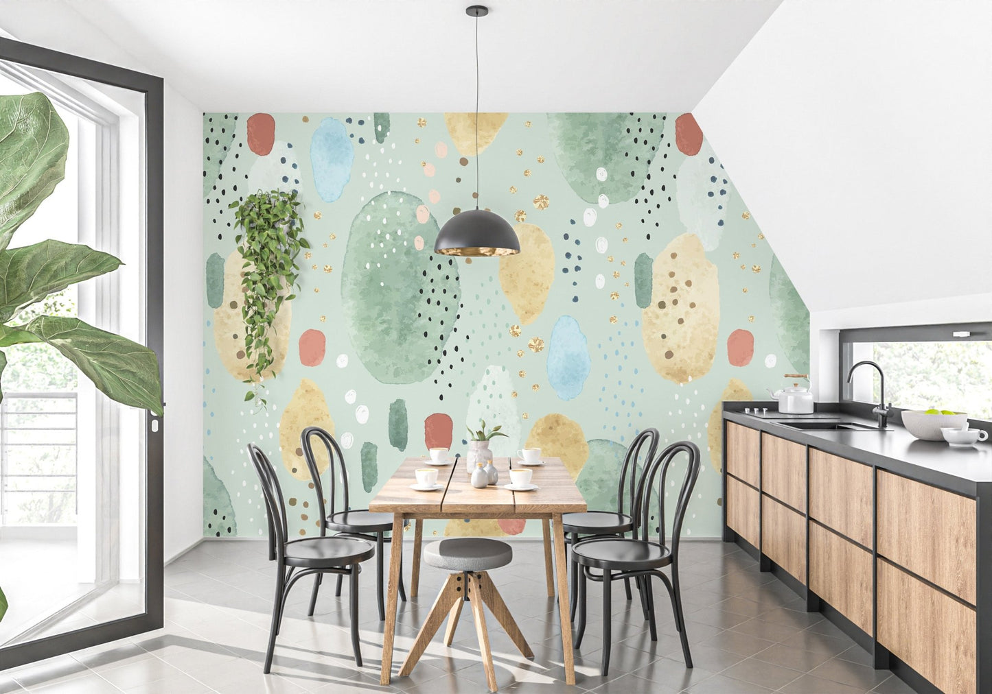 Dining area with Artistic Green Shades on Wall Murals and wooden furniture.