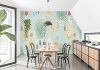 Dining area with Artistic Green Shades on Wall Murals and wooden furniture.