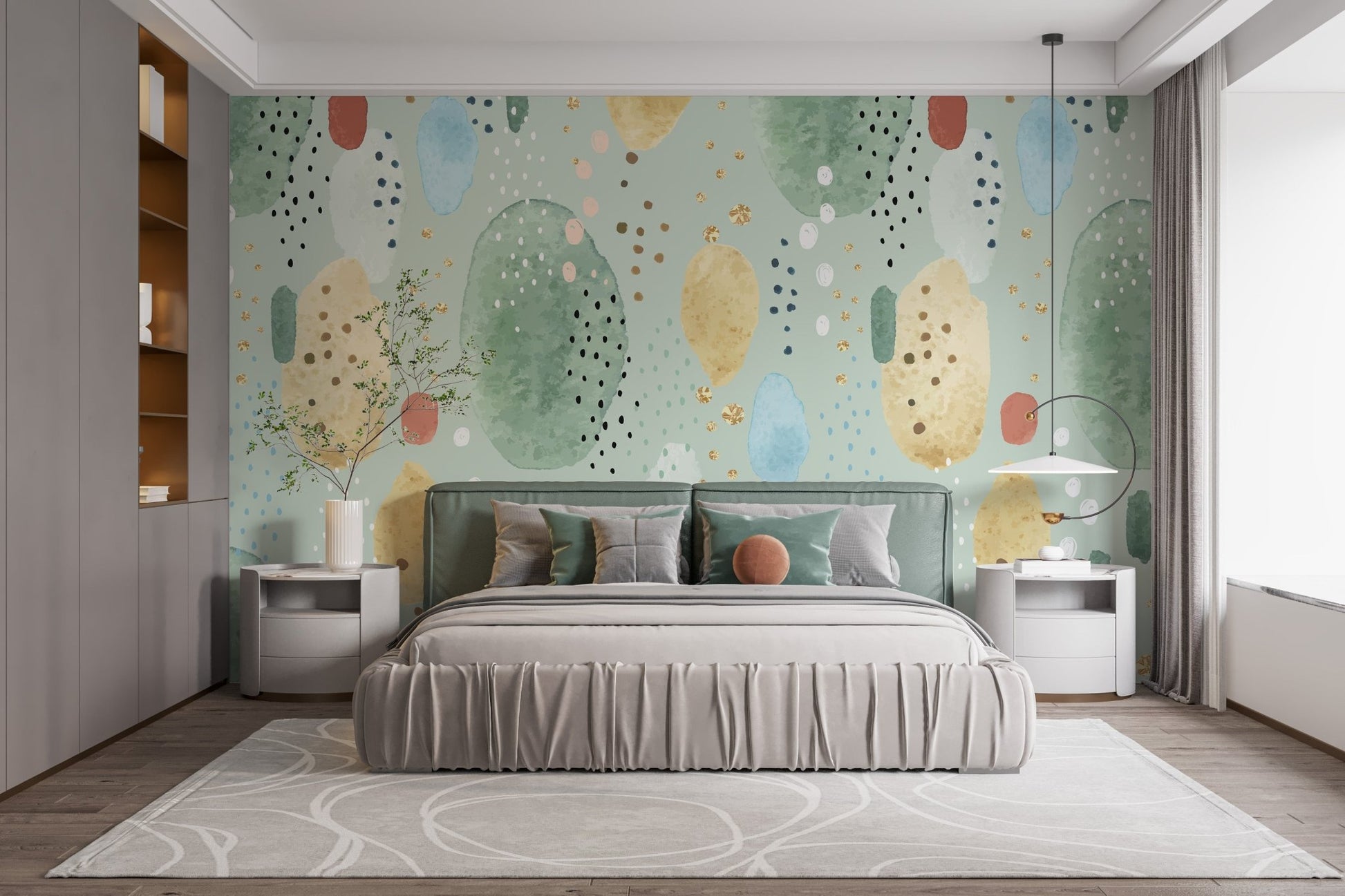 Large bedroom wall mural with soft green and earth tone shapes.