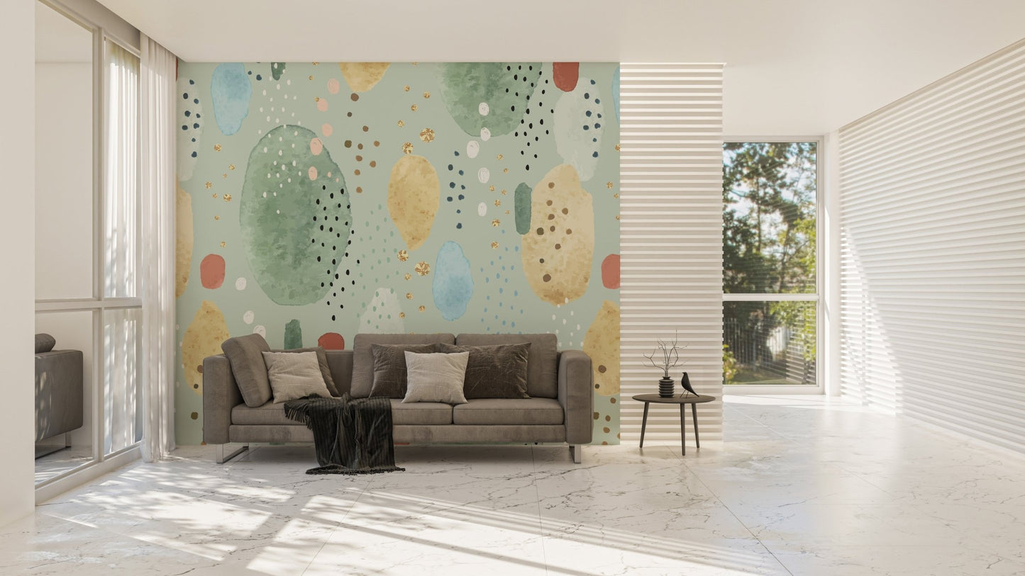 Spacious living area with a decorative green abstract wall mural.