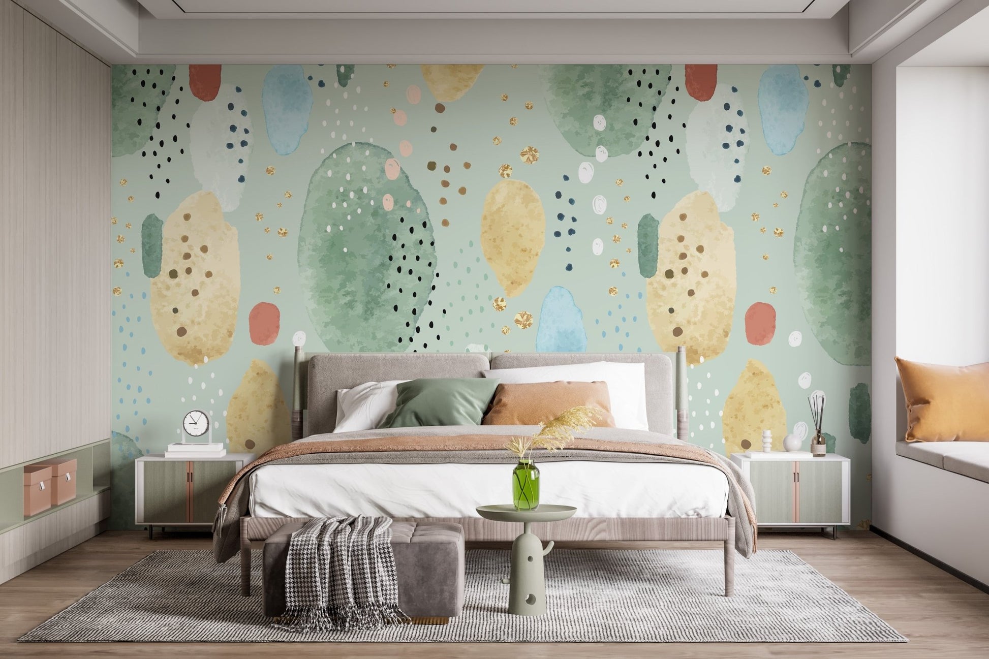 Master bedroom styling with Artistic Green Shades on Wall Murals.