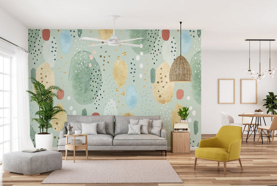 Minimalist living room featuring a green patterned wall mural.