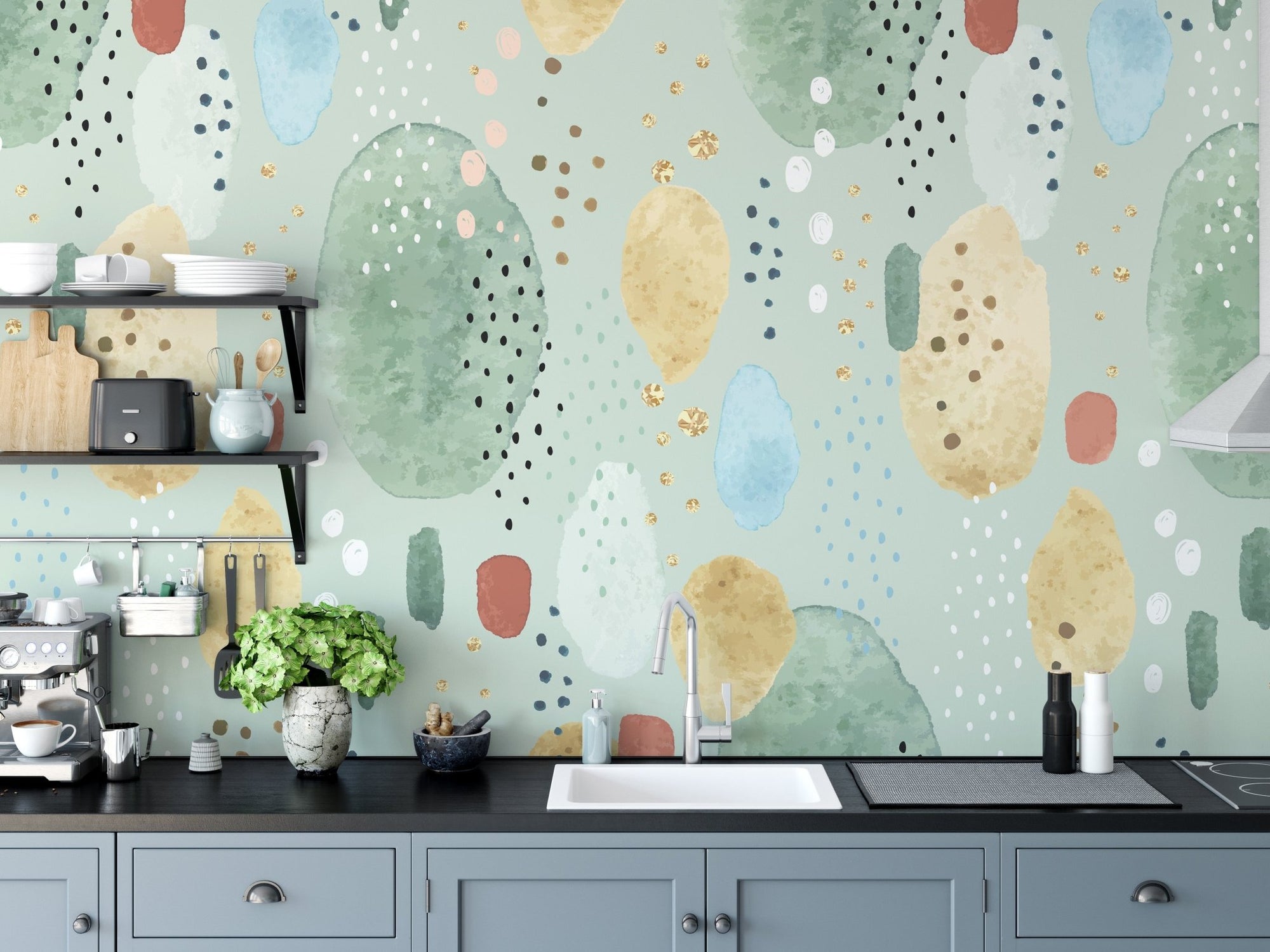 Artistic Green Shades on Wall Murals in a modern kitchen setting.