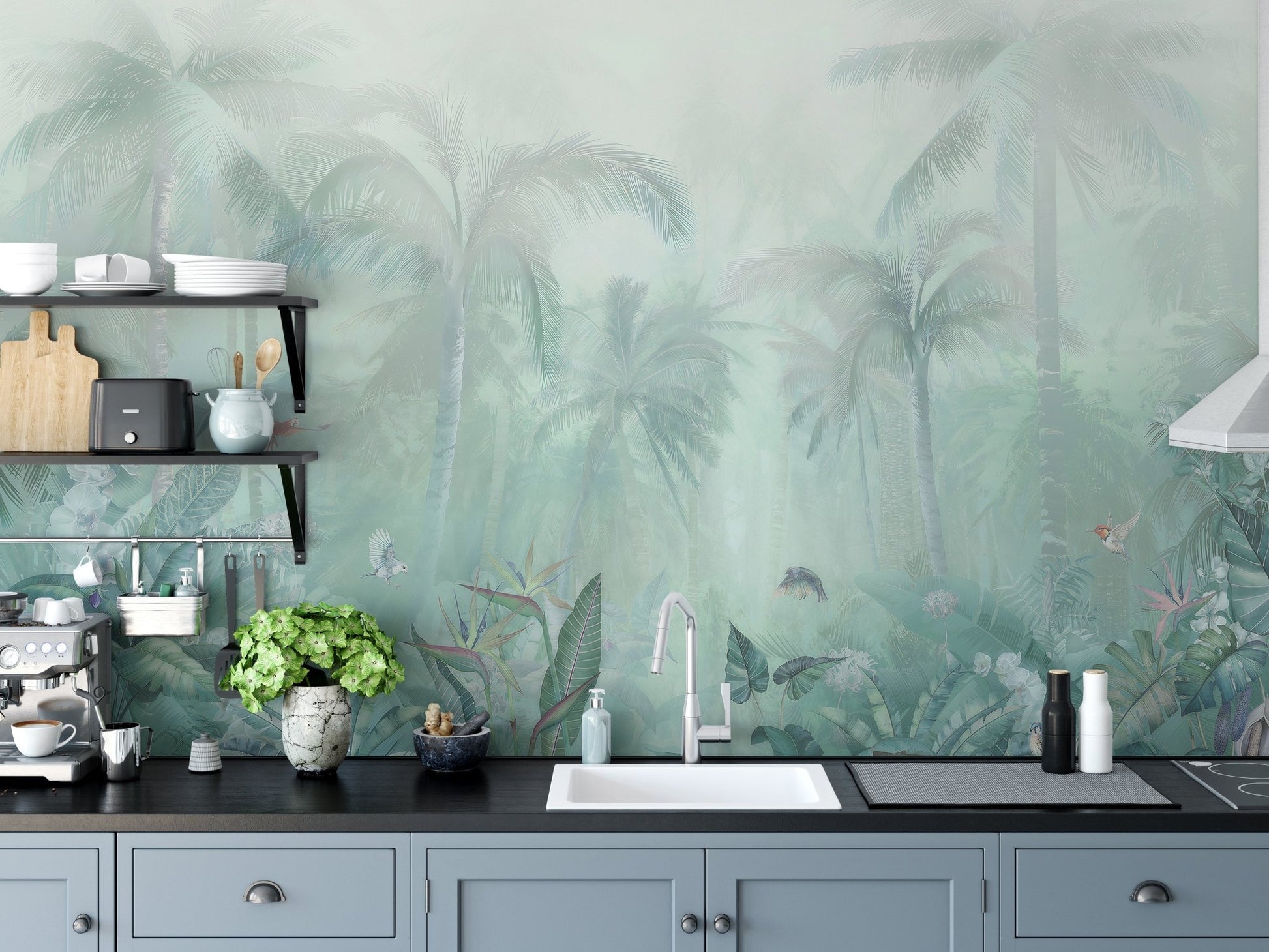Artistic Lush Green Forest Wall Mural in a kitchen area with blue cabinetry.