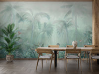 Sage green botanical wall mural in a dining room with wooden furniture.