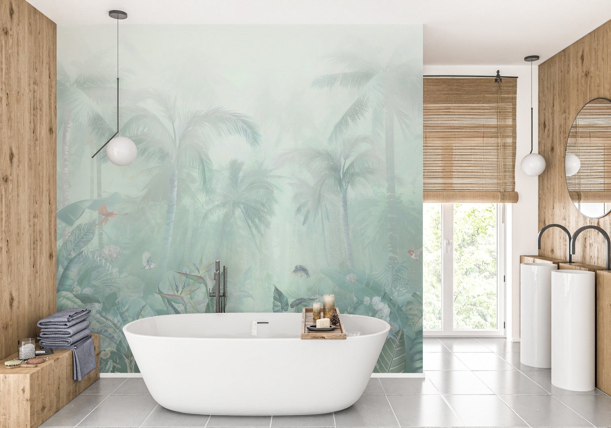 Soft green palm leaf wall mural behind a white freestanding bathtub.