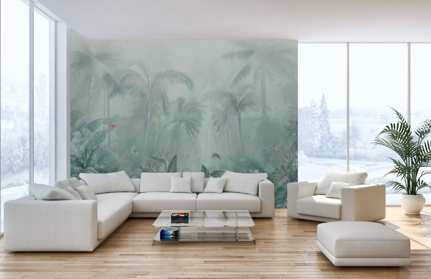 Artistic Lush Green Forest Wall Mural behind a modern white sectional couch in living room.