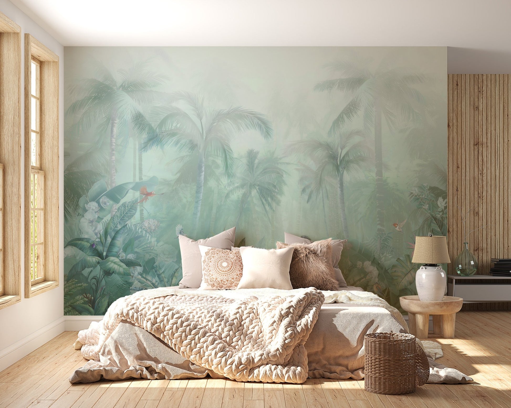 Artistic Lush Green Forest Wall Murals in a bright bedroom with wooden floors.