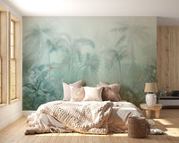 Artistic Lush Green Forest Wall Murals in a bright bedroom with wooden floors.