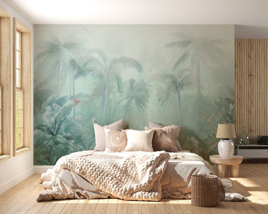 Artistic Lush Green Forest Wall Murals in a bright bedroom with wooden floors.
