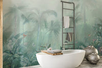 Watercolor forest wall mural in a bathroom with a ladder towel rack.