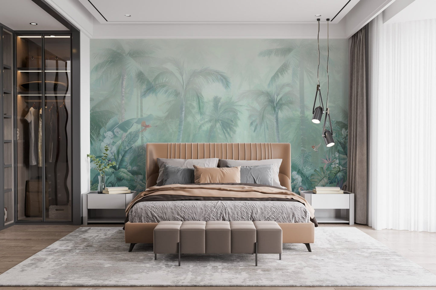 Tropical forest wall mural in a minimalist bedroom with floor-to-ceiling windows.
