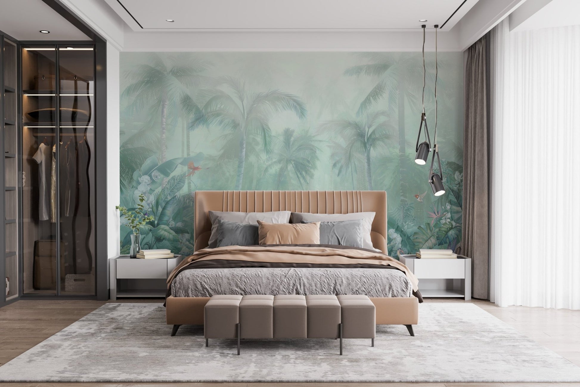 Tropical forest wall mural in a minimalist bedroom with floor-to-ceiling windows.