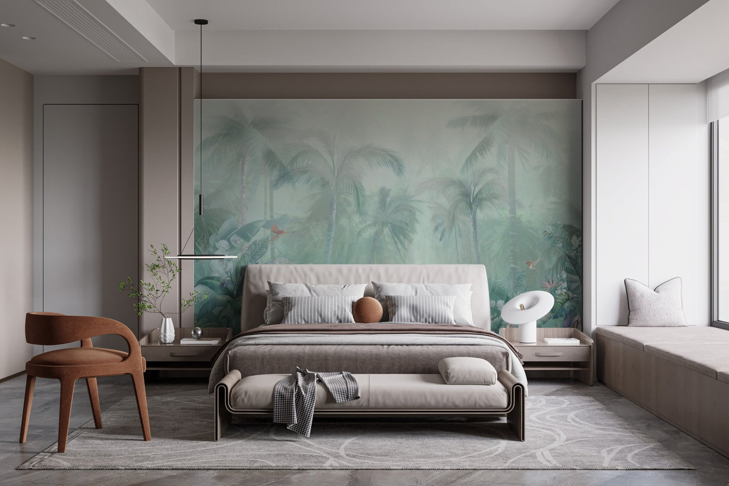 Muted green forest wall mural behind a grey upholstered bed frame.