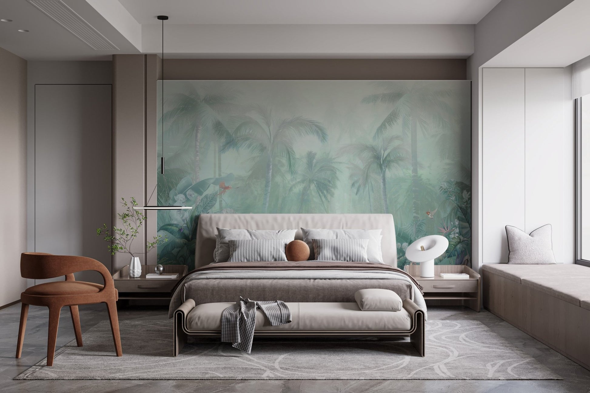Muted green forest wall mural behind a grey upholstered bed frame.