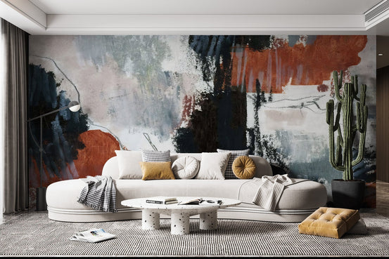 Abstract painted wall mural with soft neutral and dark contrasts.