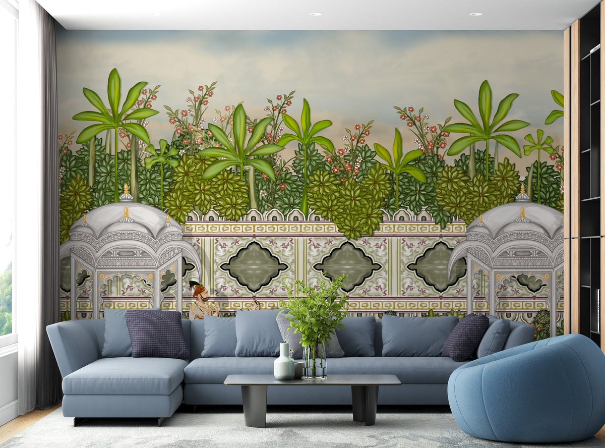 Paradise mural with artistic oil paint design for living room walls.
