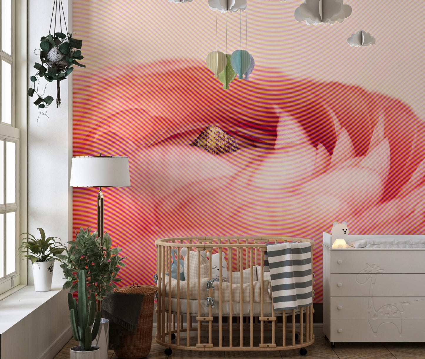 Artistic Red Rose Flower Mural behind a wooden crib in a modern nursery.
