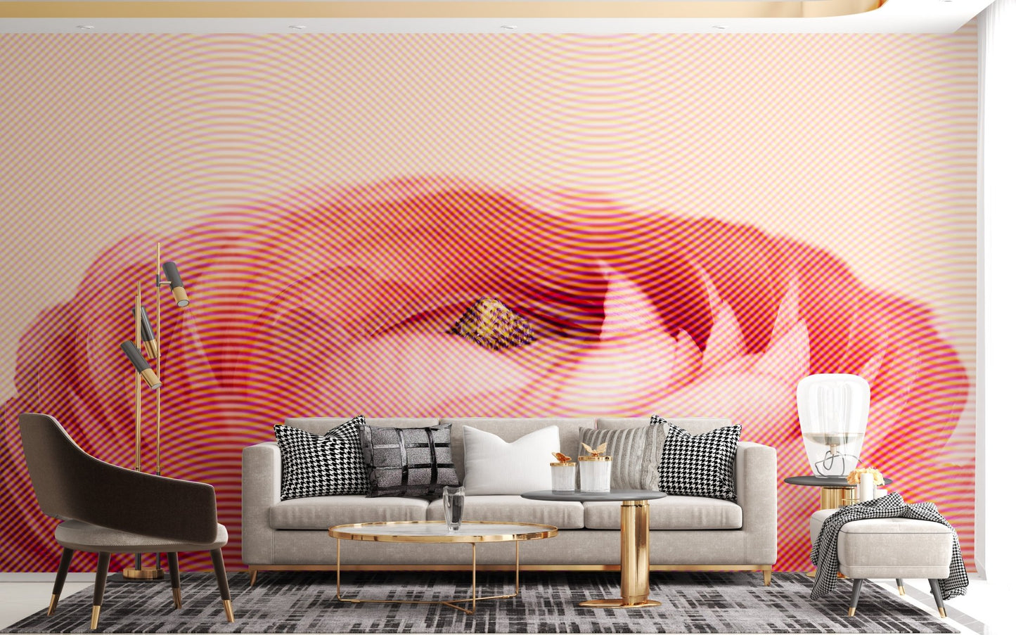 Artistic Red Rose Flower Wall Mural with gold lines in a modern living room.