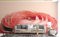 Artistic Red Rose Flower Wall Mural with gold lines in a modern living room.