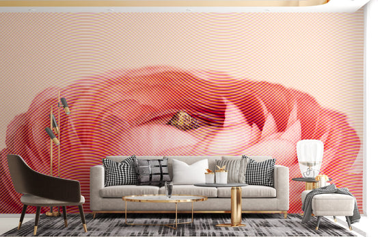 Artistic Red Rose Flower Wall Mural with gold lines in a modern living room.