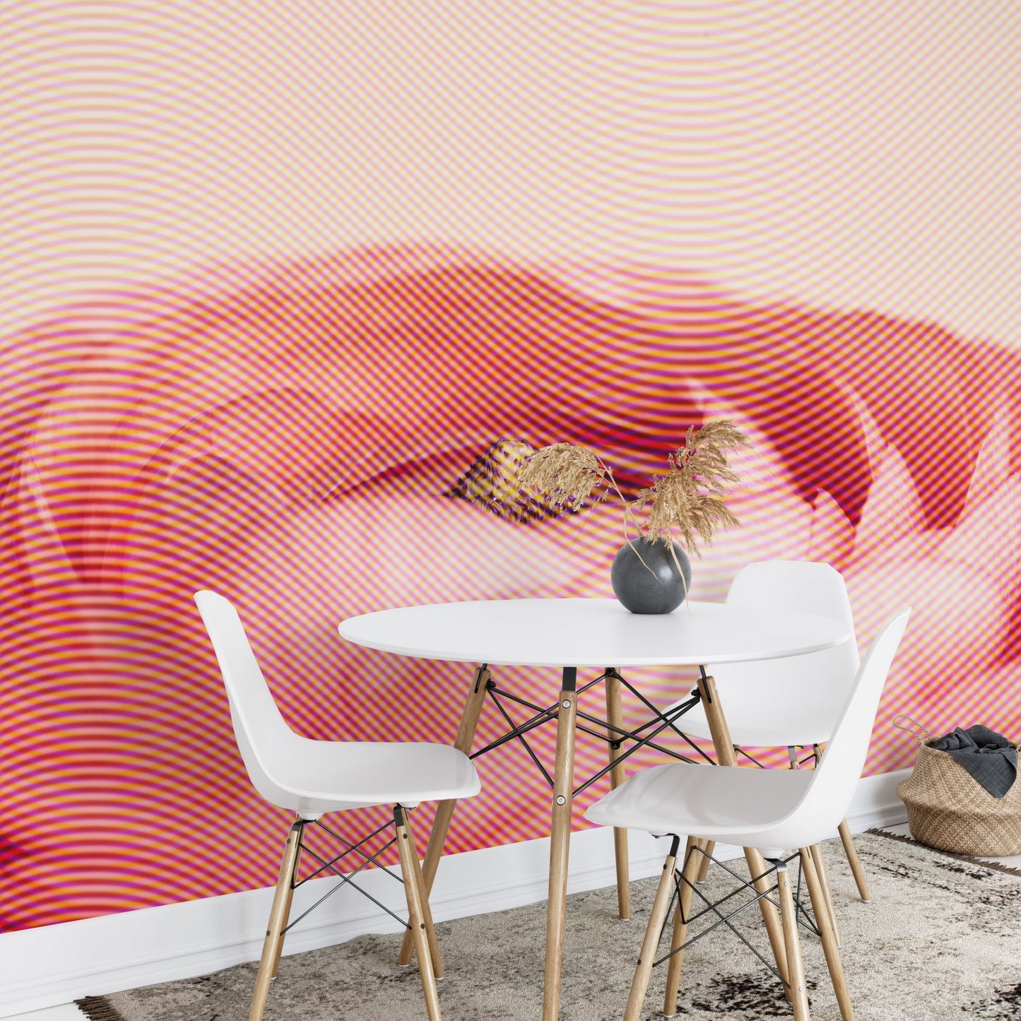 Peach and red rose wall mural behind a white circular dining table.