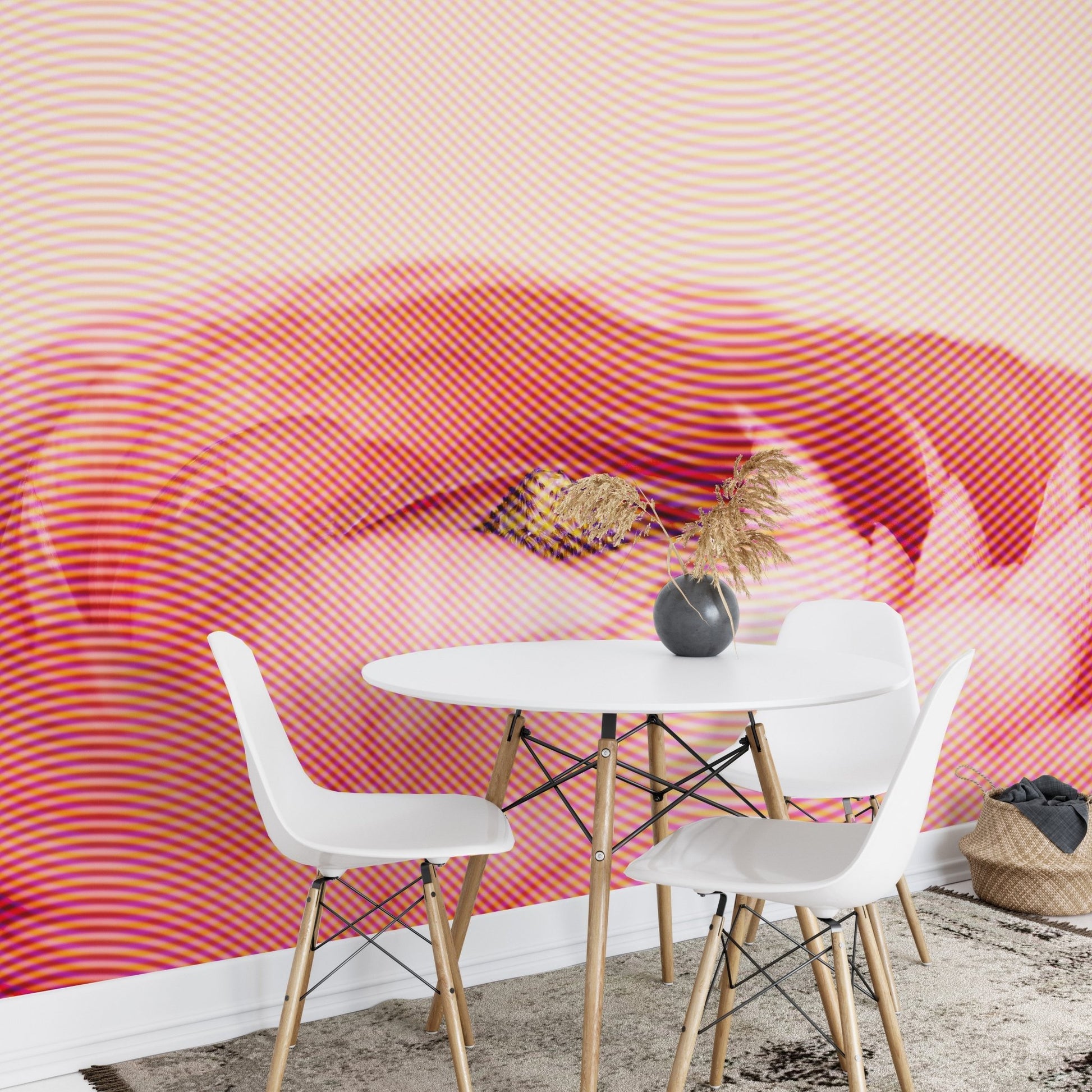 Peach and red rose wall mural behind a white circular dining table.