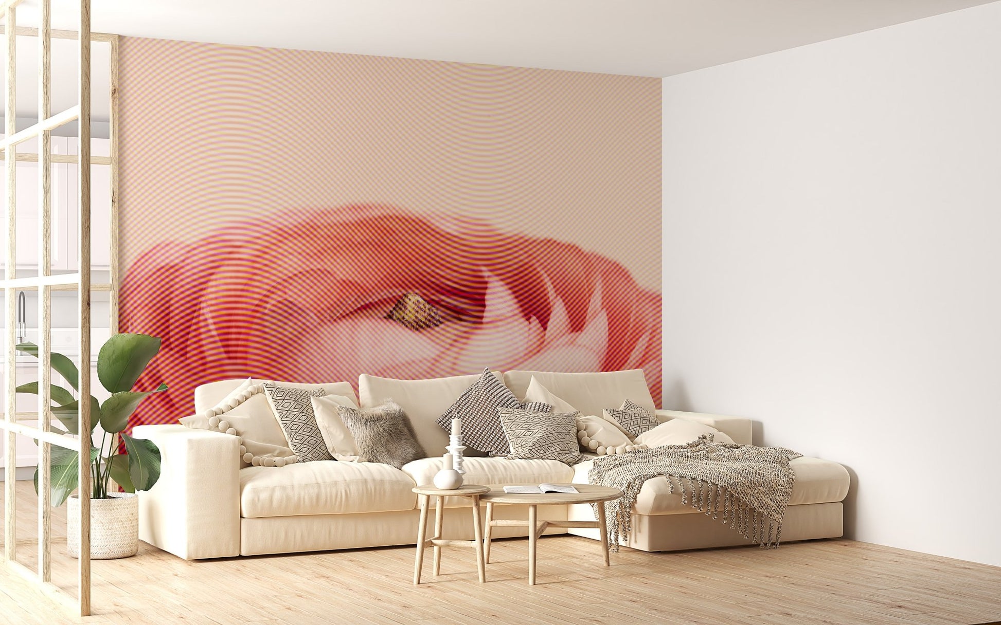 Artistic red rose flower mural for vibrant living room interior.