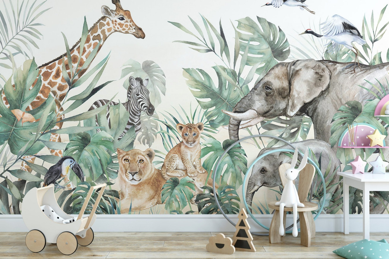 Artistic Royal Creatures Wall Art Mural with jungle animal in a nursery space.